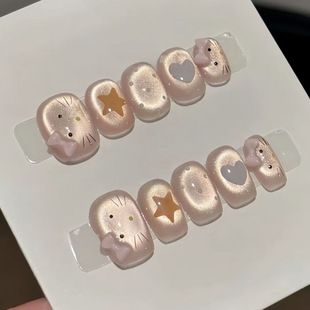 可爱泡芙kt手工穿戴美甲贴片猫咪短款 卡通指甲蝴蝶结显白学生3061