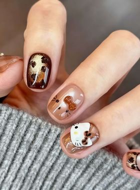 秋冬美拉德色系穿戴甲短款KT猫穿戴式甲片显白美甲假指甲3114