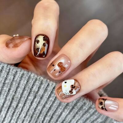 秋冬美拉德色系穿戴甲短款KT猫穿戴式甲片显白美甲假指甲3114