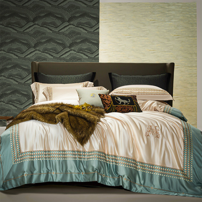 欧美式简约轻奢高精密刺绣床单四件套全棉纯棉真丝棉被套床上用品