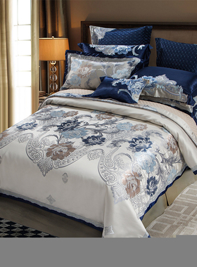 欧式高端全棉床上用品四件套 80支贡缎蓝色提花1.8婚庆六八十件套