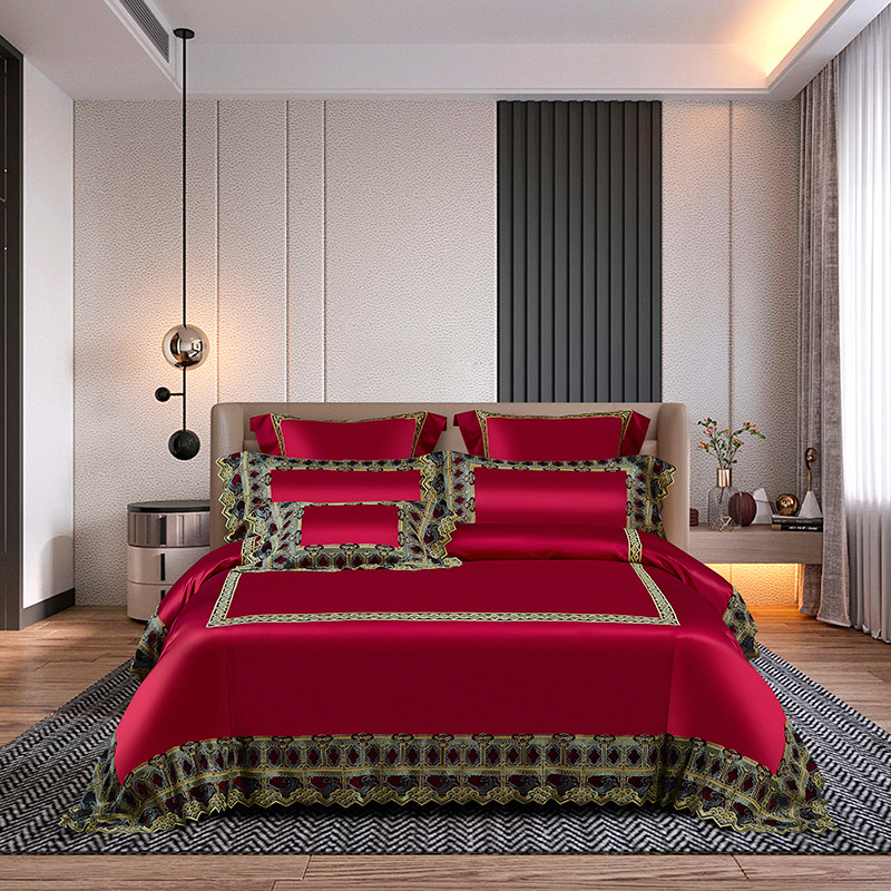 欧式四件套高档别墅轻奢蕾丝边床上用品全棉纯棉红色婚庆被套