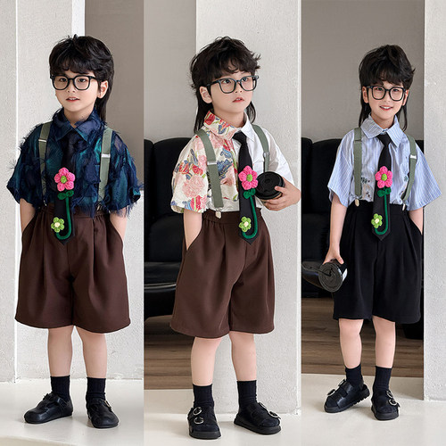 夏季主持演出礼服男童背带裤套装