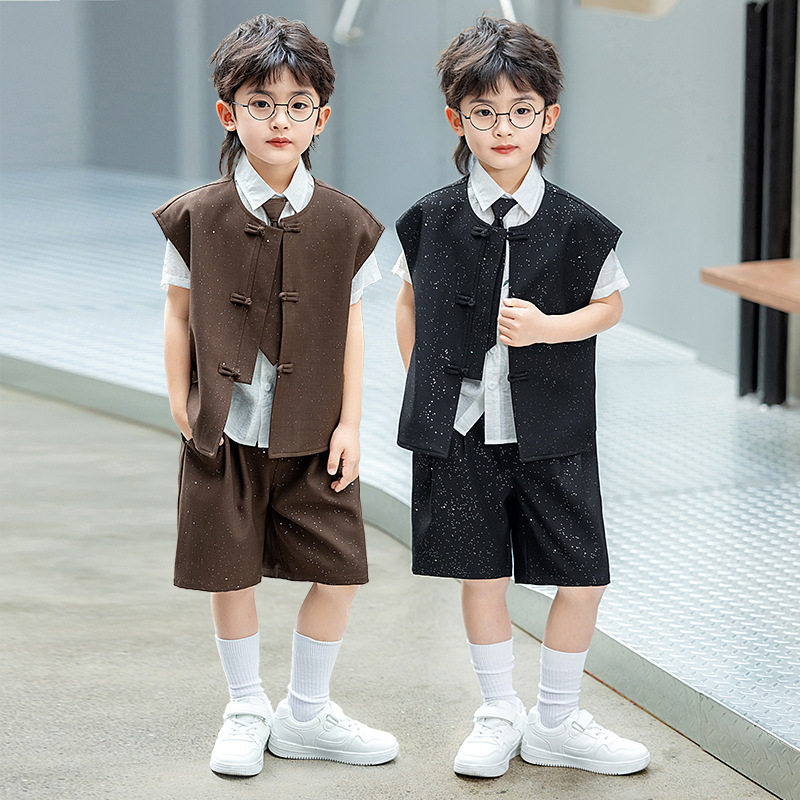 男童新中式马甲套装中国风唐装汉服儿童主持走秀演出礼服西服春夏