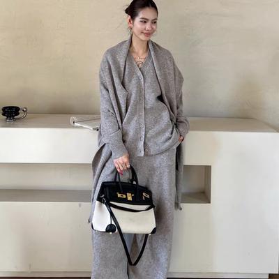 高端秋冬羊绒套装女V领毛衣针织羊毛阔腿裤围巾时尚三件套直筒裤