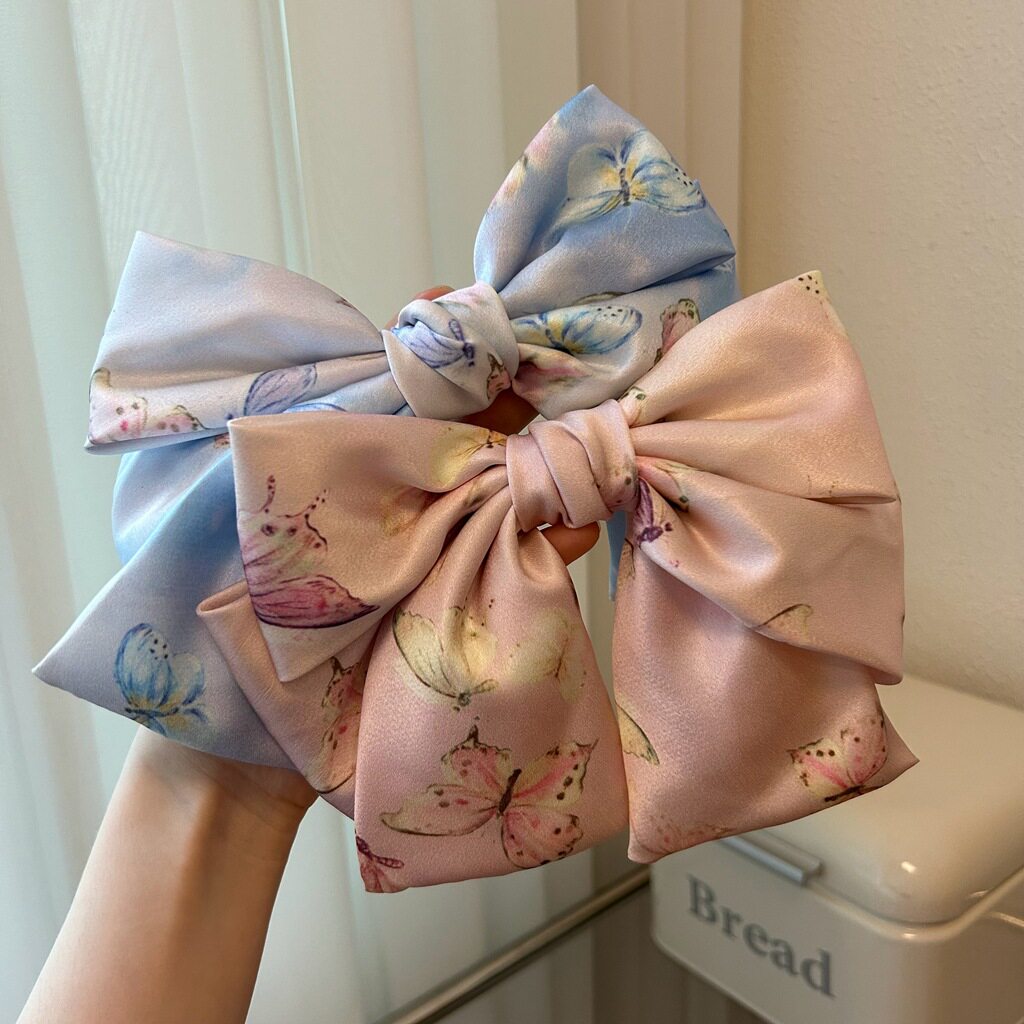 韩国缎面高级感蝴蝶印花大号三层蝴蝶结弹簧夹时尚发夹顶夹发饰女