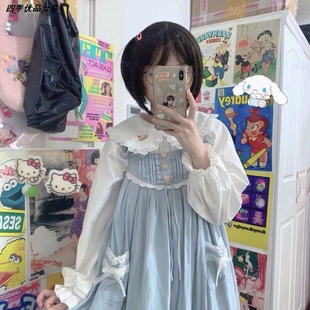 花边上衣长袖日系衬衫秋季小熊娃娃领学生打底女宽松韩版可爱软妹