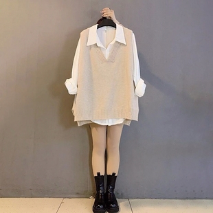 秋季 两件套装 净版 宽松显瘦马甲衬衫 针织 胖MM大码 职业百搭女装 新款