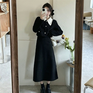 中长款 小香风套裙女秋冬季 赫本风上衣 长袖 半身裙两件套2025 新款