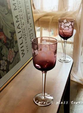 外贸出口人工吹制玻璃红酒葡萄酒杯紫色高脚杯中古杯vintag