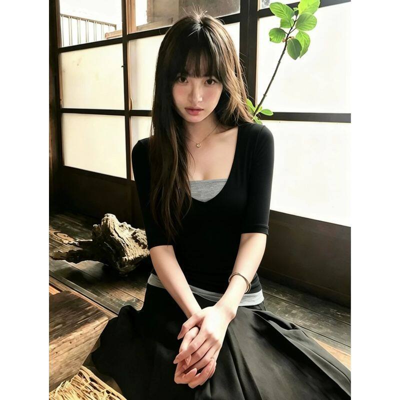 黑色撞色拼接中袖T恤女夏季2026新款修身显瘦假两件莫代尔棉上衣