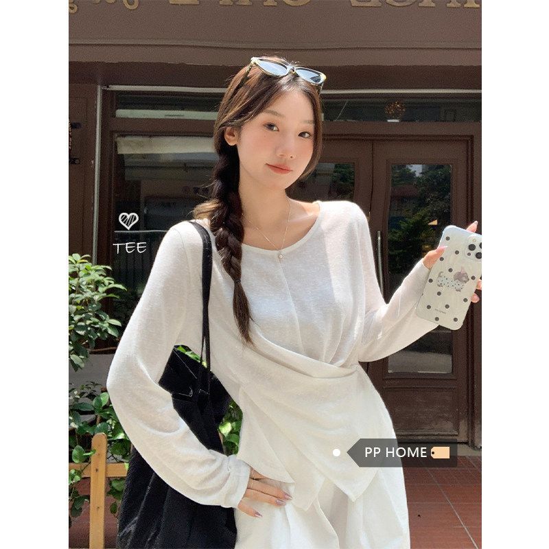 不规则褶皱收腰纽扣长袖T恤女春秋夏温柔别致设计感防晒打底上衣