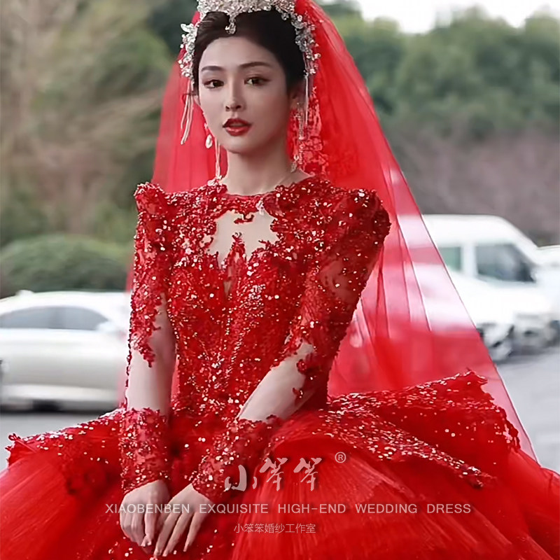 红色婚纱2023新款新娘重工奢华高级质感中国风长袖主纱显瘦长拖尾