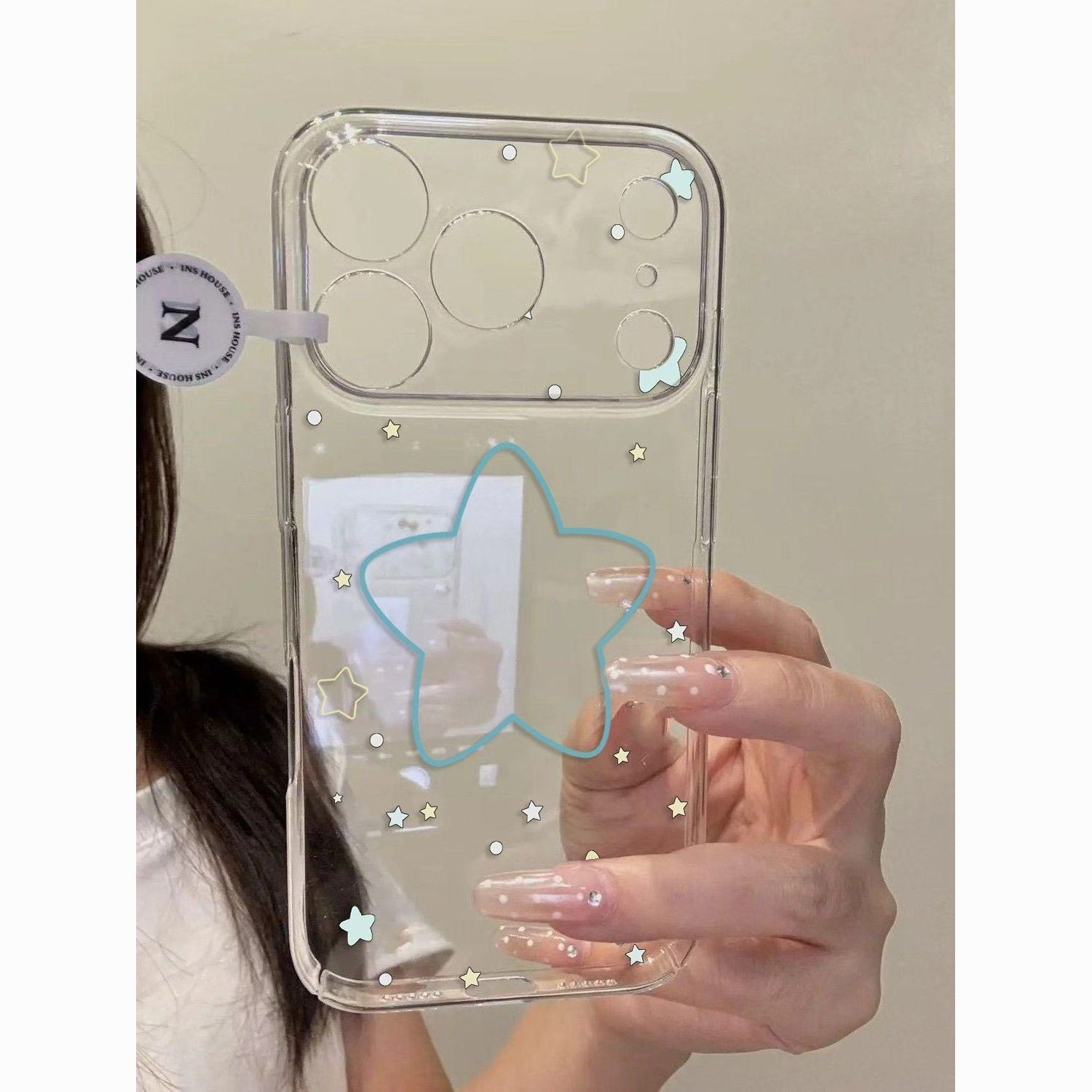 线条蓝星星放照片小卡适用苹果17promax透明手机壳iPhone16p高级感15可爱14卡通13新款12/11/xr防摔保护套软