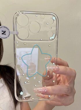 线条蓝星星放照片小卡适用苹果17promax透明手机壳iPhone16p高级感15可爱14卡通13新款12/11/xr防摔保护套软
