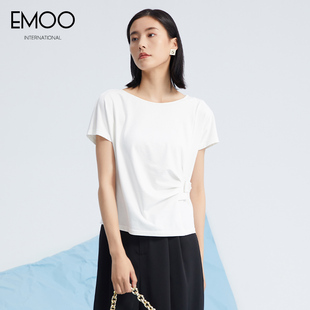 宽松休闲T恤女低圆领雪纺衫 简约收腰透气小衫 短袖 EMOO杨门夏季