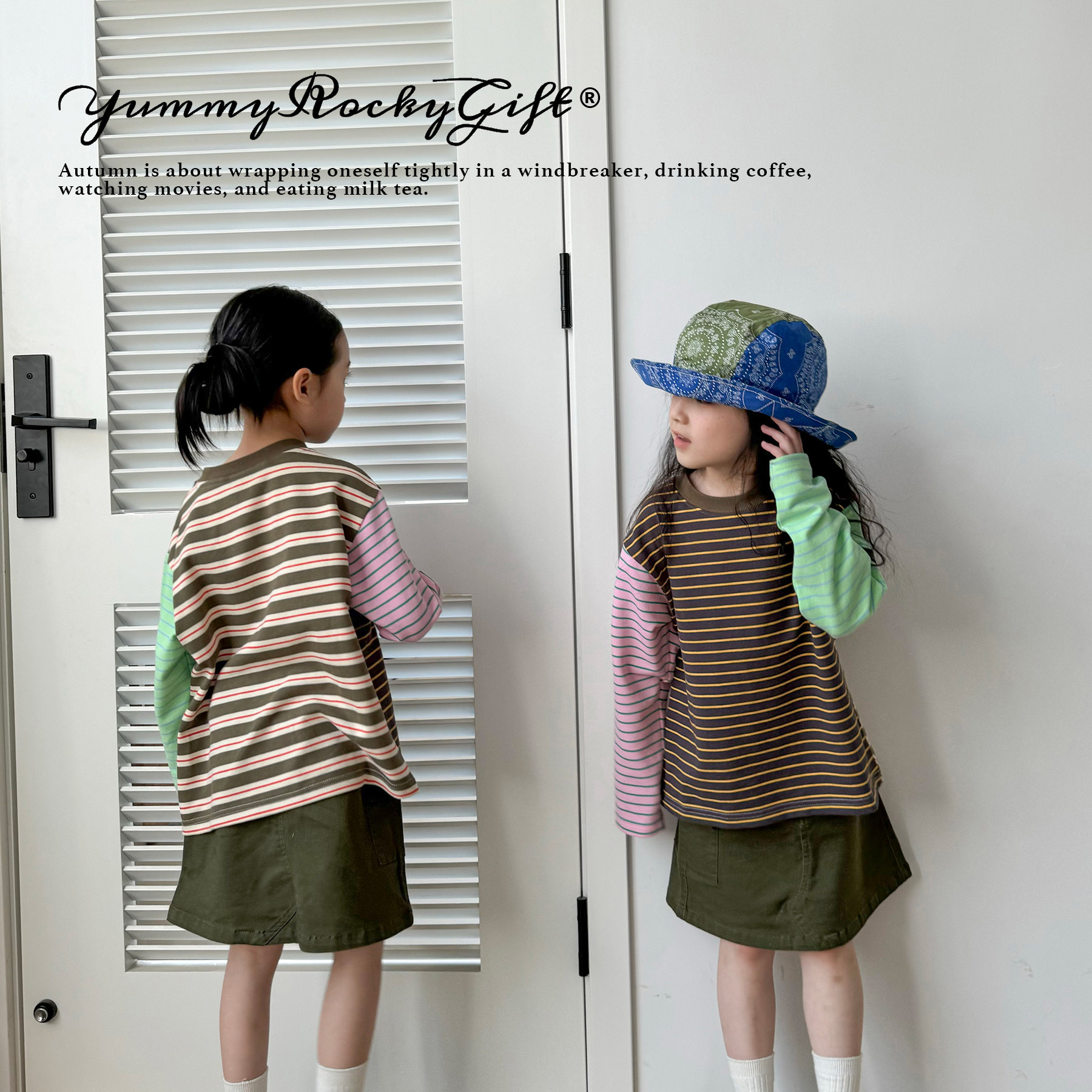 【换季优惠不.退换777】yr条纹撞色时髦长袖T/军绿工装风短裙