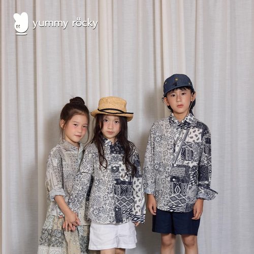 yummyrocky轻薄透气100%新疆棉A类拼色腰果花女童男童衬衫