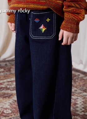 yummyrocky进口机刺绣内里一体绒拉毛保暖直筒牛仔裤
