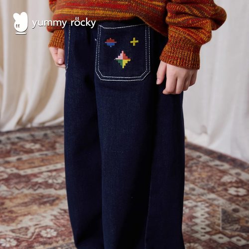 yummyrocky进口机刺绣内里一体绒拉毛保暖直筒牛仔裤