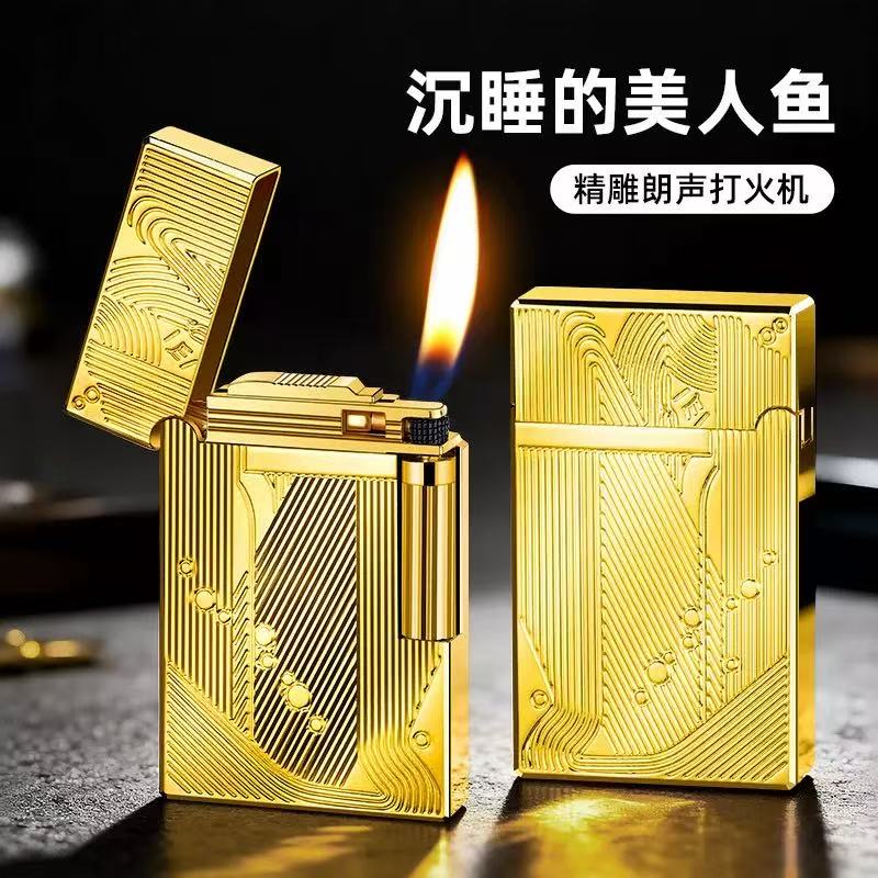 新款充气打火机朗声侧滑点火拉丝五面雕图案创意礼品砂轮火机男士