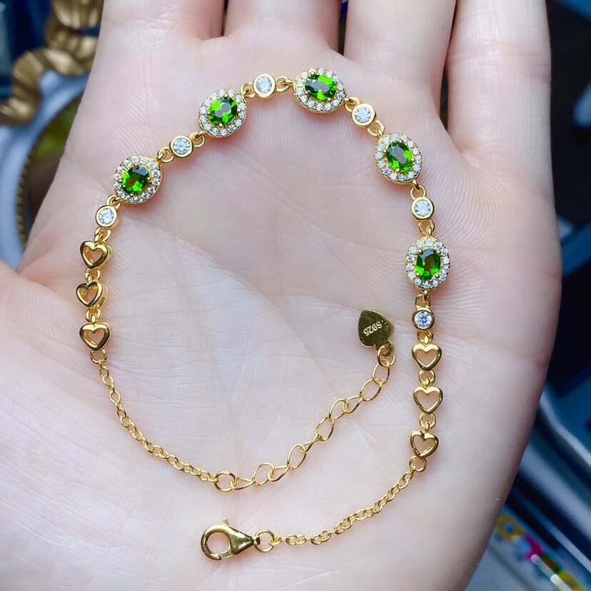 丛利3x4天然透辉石手链女款925银镶嵌白色黄金色女手链清新时尚款