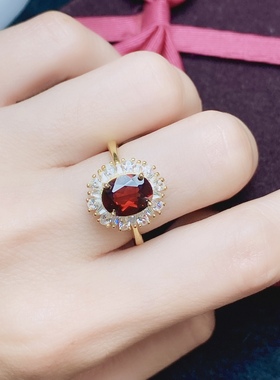 丛利 天然鸽血红石榴石戒指s925银红色宝石纯银镶嵌大气时尚饰品