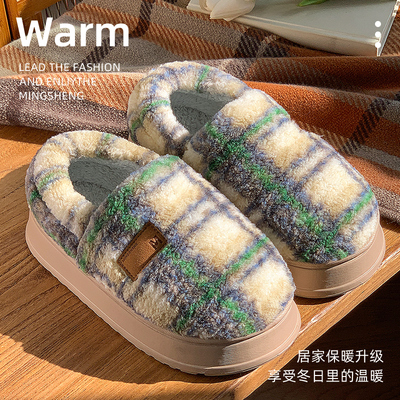 复古格子棉拖鞋女包跟秋冬季保暖