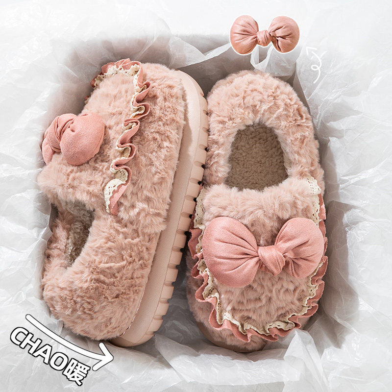 可爱蝴蝶结棉拖鞋女冬季保暖加绒