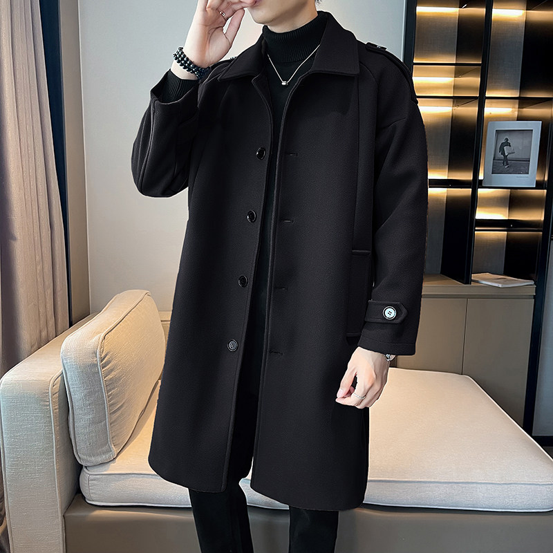 中长款风衣宽松过膝呢子大衣加厚外套男B358-F112-P125加棉P135,男装风衣,电商B345