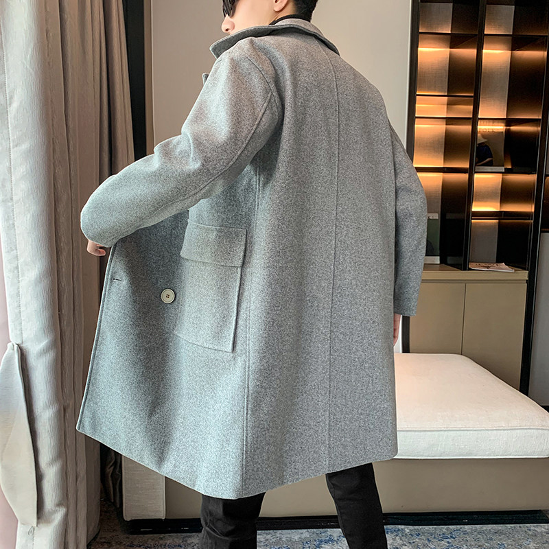 店主风毛呢大衣宽松双排扣港风中长款秋季B358-F109-P120加棉P130,男装毛呢大衣,电商B345