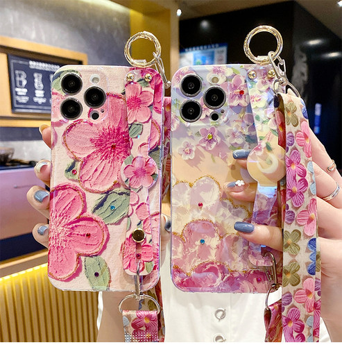 新款点钻油画花17苹果15promax手机壳女14挂绳16可斜挎背iphone13腕带网红12软硅胶11防摔套xr全包8plus小众7