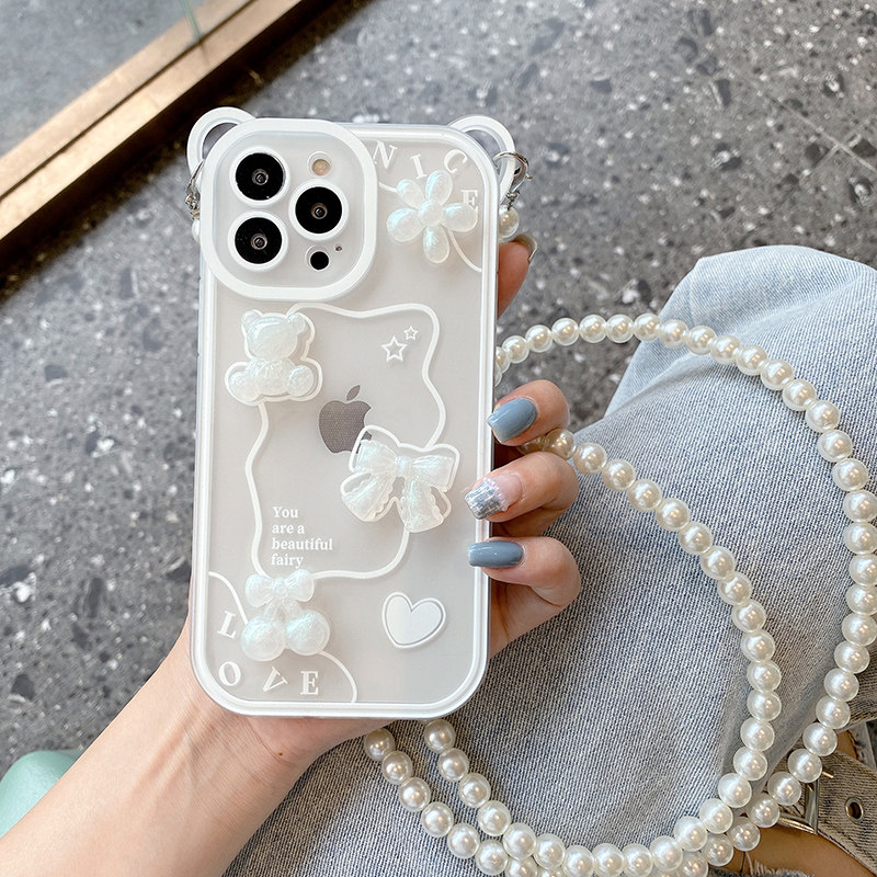 适用17苹果15promax新款立体14猫耳朵熊iphone13带珍珠挂绳12斜挎可背11可爱xsmax全包防摔7P女神