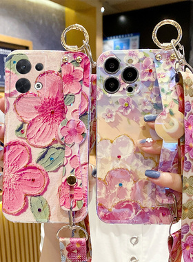 新款点钻油画花opporeno8pro手机壳9女reno7se带挂绳6可斜挎背5pro+腕带网红10软硅胶防摔reno4全包小众适用