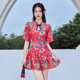 显瘦国风高级感泡温泉假泳装 中袖 东北大花泳衣女连体裙式 2026新款