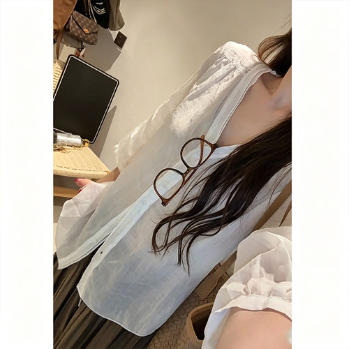 春夏新款薄款衬衫外套长袖防晒衣女显瘦V领宽松休闲百搭薄款上衣