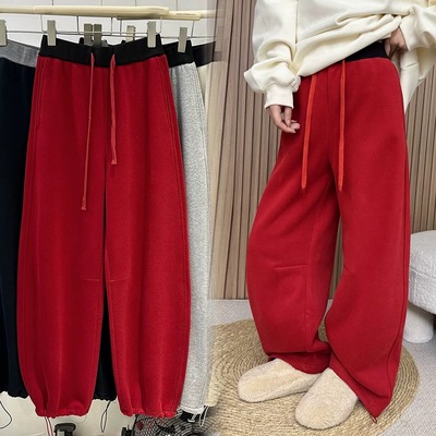 欧货高腰拼接抽绳阔腿卫裤女加绒加厚2025冬季新款束脚两穿休闲裤