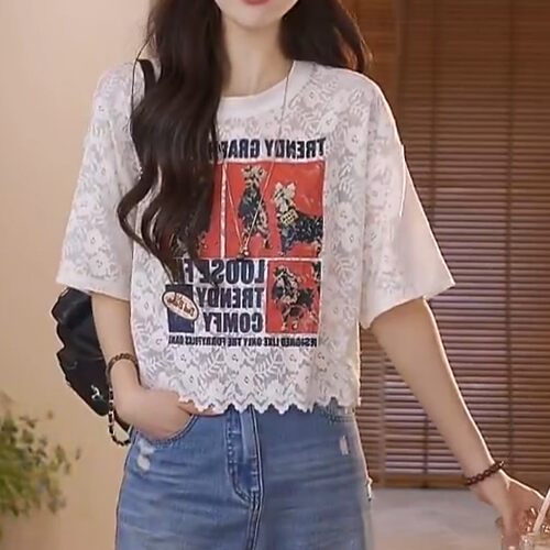 设计感蕾丝花边字母印花短袖T恤女夏季宽松百搭chic韩系别致上衣