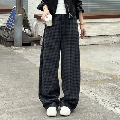 慵懒风加绒灰色格纹直筒休闲裤女2025秋季新款宽松垂感直筒阔腿裤