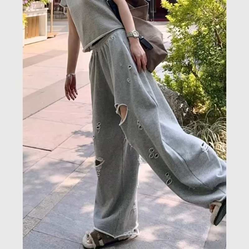 美式松紧腰破洞卷边毛圈阔腿休闲裤女夏季新款高腰拖地直筒长裤子