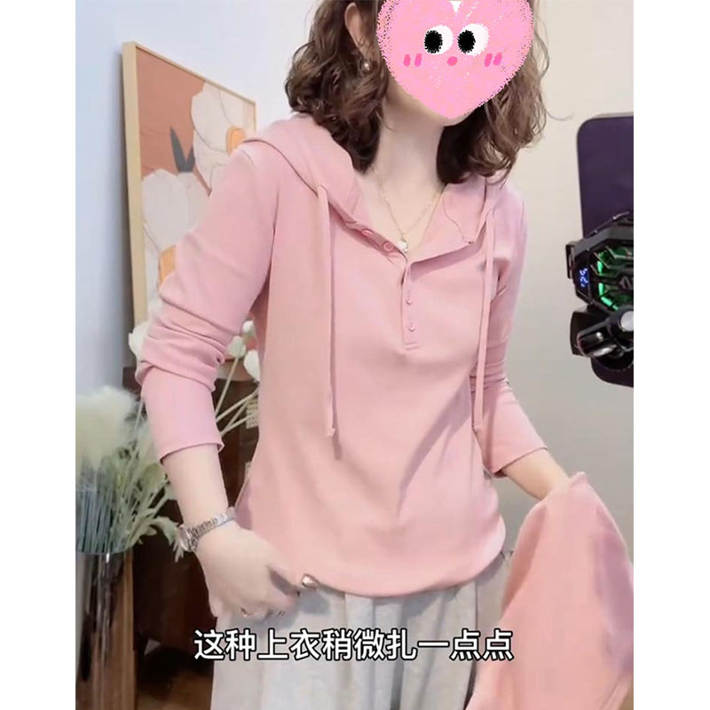 早春穿搭休闲长袖连帽T恤女2025新款法式半扣领宽松显瘦小衫上衣
