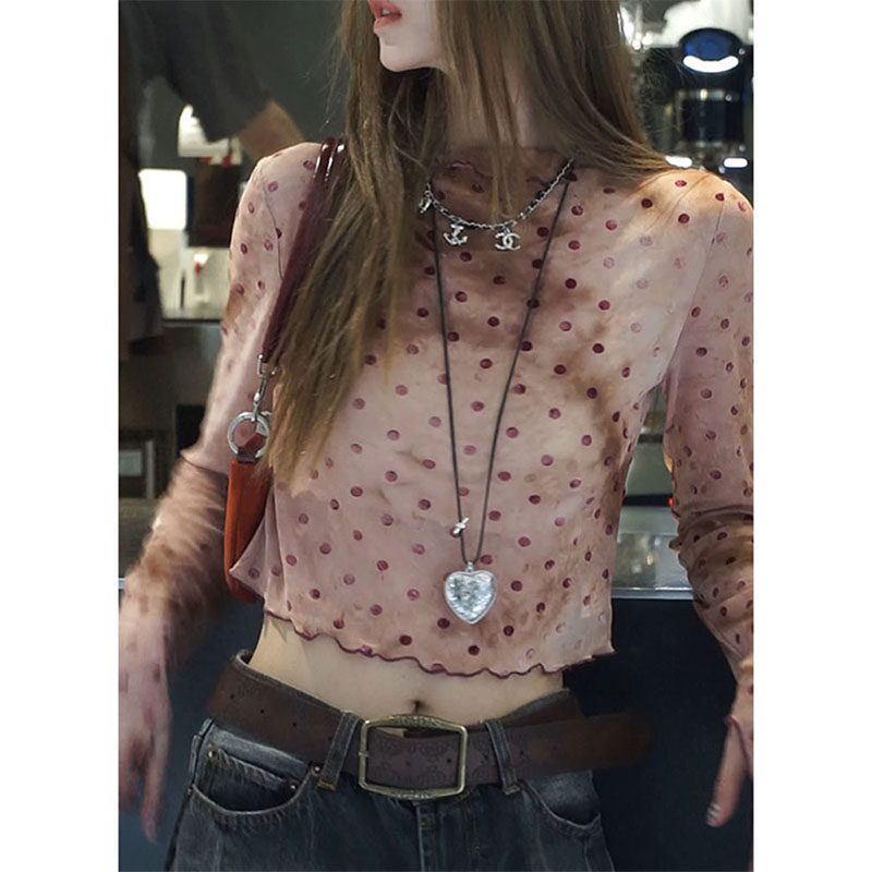 2025春夏新款时尚圆领波点印花长袖T恤女薄款设计感小众罩衫上衣