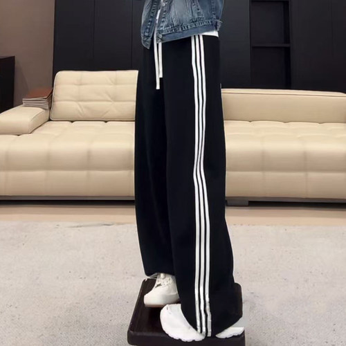 美式辣妹撞色条纹抽绳宽松直筒卫裤女早秋高腰显瘦百搭休闲阔腿裤