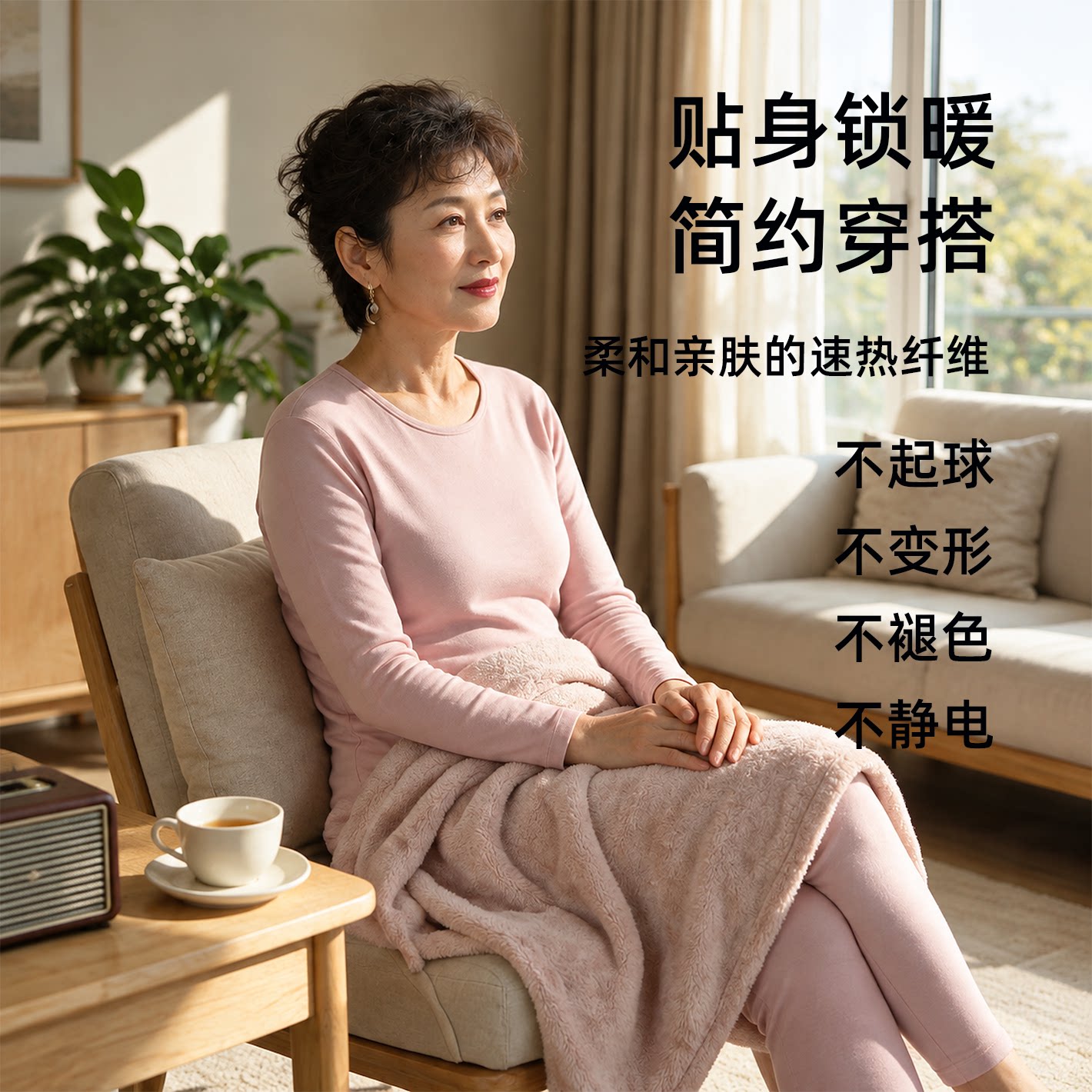 女士春秋锻彩绒保暖内衣套装圆领秋衣套装长袖长裤中老年打底保暖