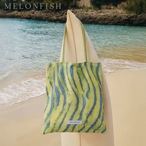 【海盐抹茶】MELONFISH条纹帆布包女大容量托特包休闲单肩包绿色