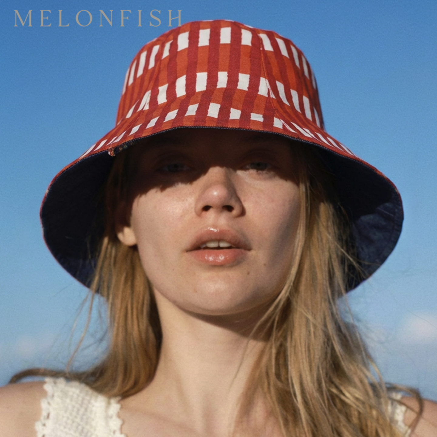 MELONFISH春夏复古红白格纹牛仔双面戴棉质渔夫帽盆帽遮阳防晒帽