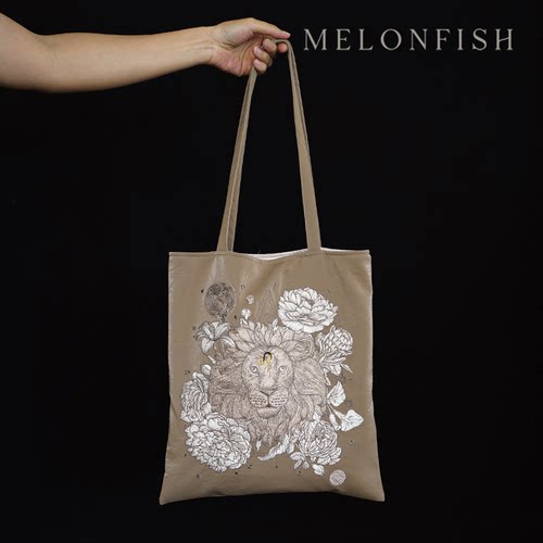 MELONFISH秋冬新品原创狮子花朵刺绣单肩托特包帆布大容量通勤包