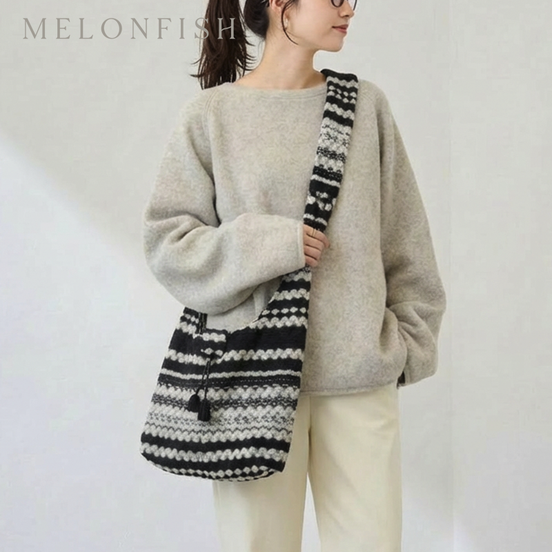 MELONFISH意大利进口羊毛针织编织包黑白条纹单肩托特包斜挎包