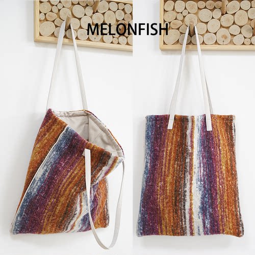 MELONFISH『暖橙极光』秋冬羊毛北欧设计毛毡通白色肩带托特包