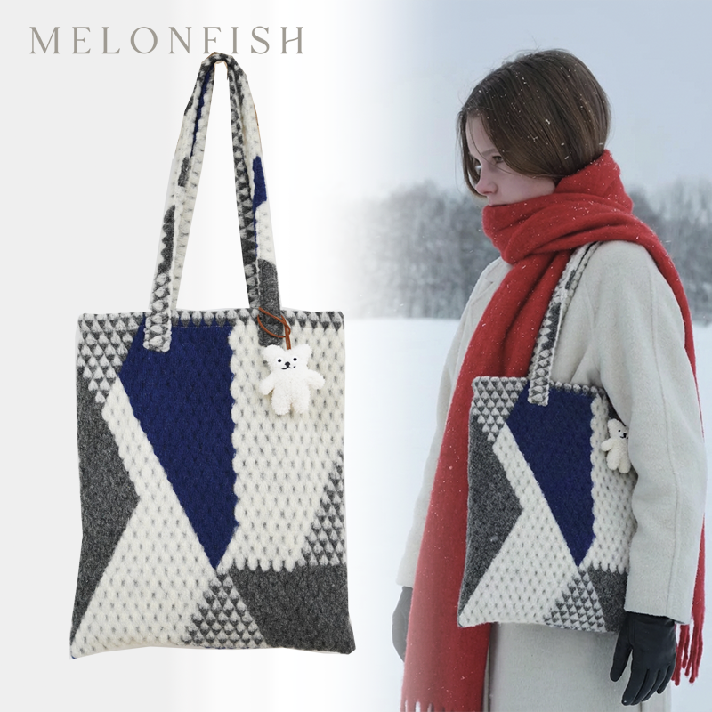 MELONFISH『北欧童话』2025秋冬几何图案羊毛拼色毛毡文艺托特包,箱包皮具/热销女包/男包,托特包,淘宝优惠券,粉丝福利购,淘宝优惠卷